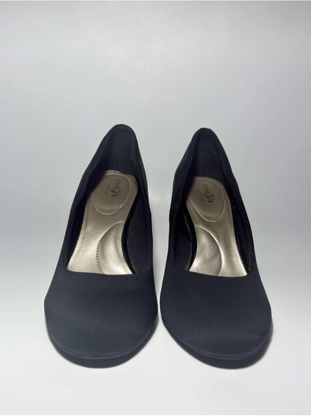 East 5th Black Satin Wedge Heels Round Toe Pumps Size 9.5M - Picture 2 of 10